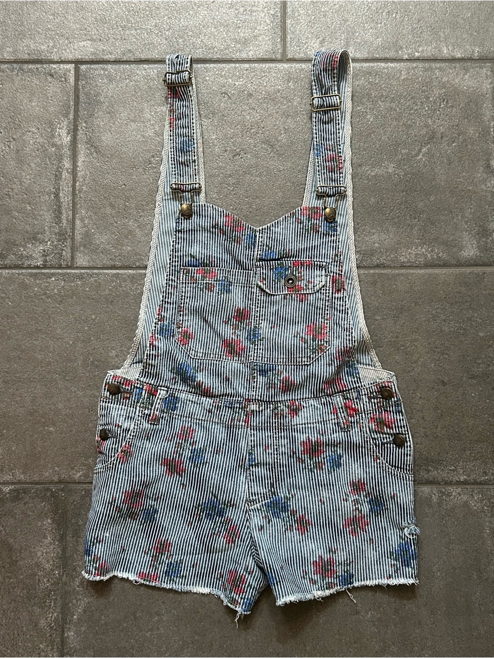 Free People Striped Floral Denim Short Overalls
